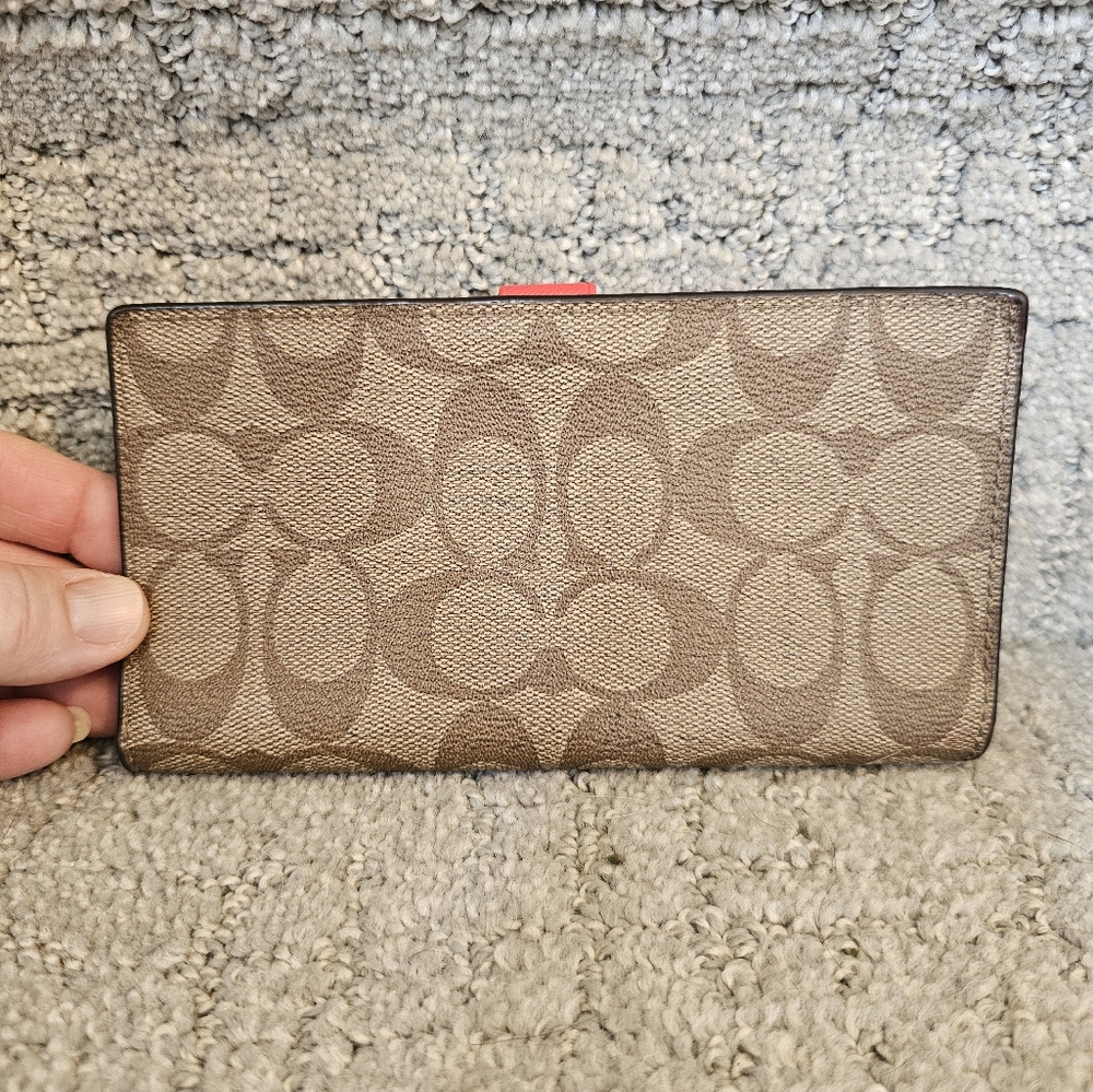 Coach Coated Canvas Brown With Red Monogram Check Wallet